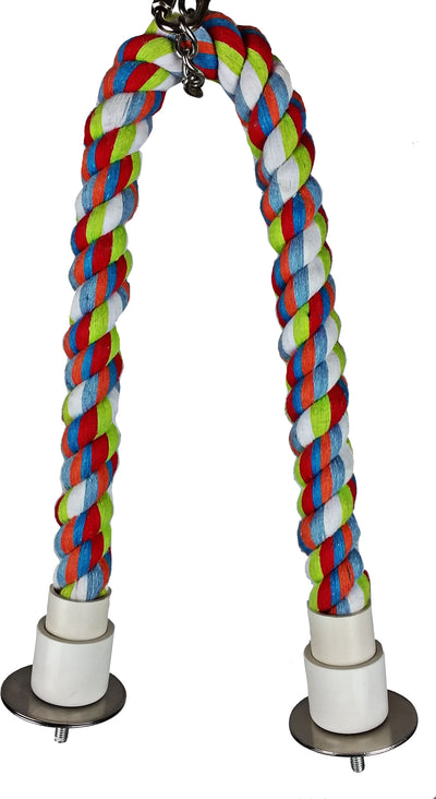 Happy Beaks Cotton Cable Bird Perch, .75X22 IN, multicolored braided rope with metal rings and white bases.