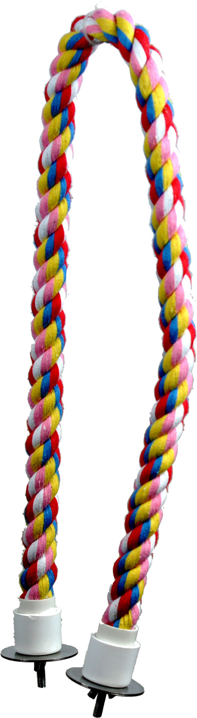Happy Beaks cotton cable bird perch in red, pink, yellow, blue, and white colors, close-up view