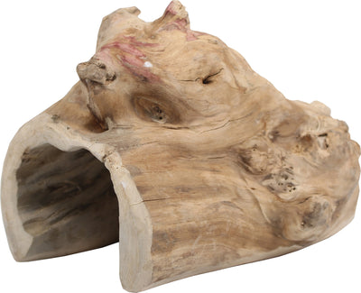 Close-up of a natural wood reptile hideout with a hollow interior and textured surface.