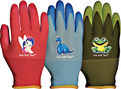 Three Kid-Tuff Tool children's gloves: red with fairy, blue with dinosaur, green with frog.