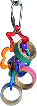 Close-up of Happy Beaks Keet Rings bird toy with colorful rings and a carabiner hook.