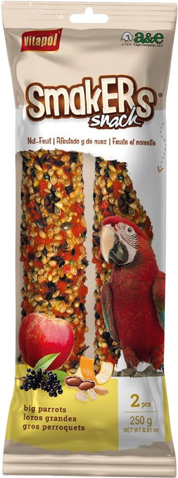 Packaged Smakers snack treat sticks for big parrots, nut and fruit flavored, 250g, front view