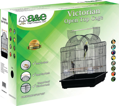 Packaged A&E Victorian Open Top Cage in black, 25x21x32 inch, retail box with product image and features.