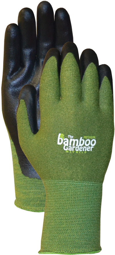 A pair of green and black nitrile palm gloves with 'The Bamboo Gardener' text on the front, close-up view.