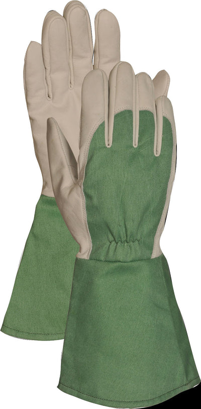 Green and beige Bellingham Gauntlet Thorn Gloves, front view, close-up of a pair.