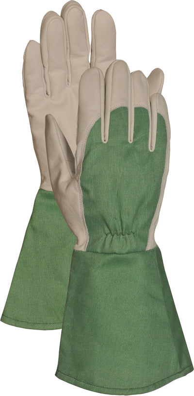 Green and beige Bellingham Gauntlet Thorn Gloves, size LG, shown from the back in a close-up.