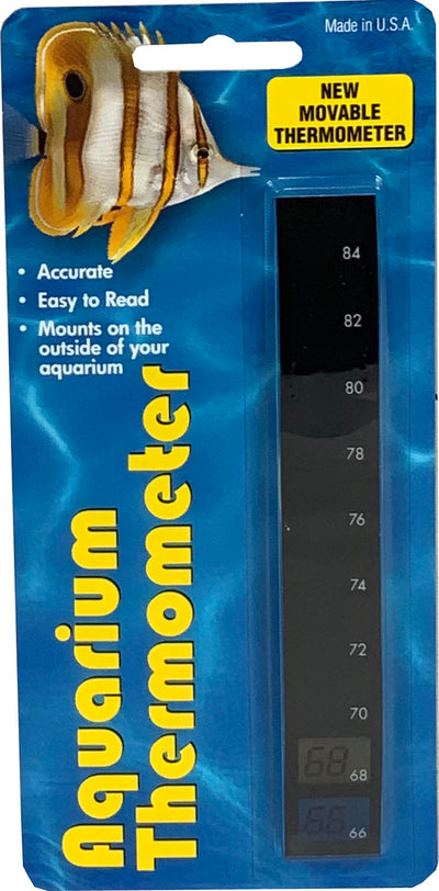 Packaged blue aquarium thermometer with yellow text and fish illustration showing temperature scale.