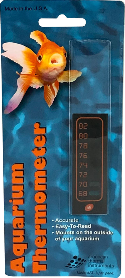 Packaged liquid crystal vertical aquarium thermometer with orange text and goldfish image on blue background.