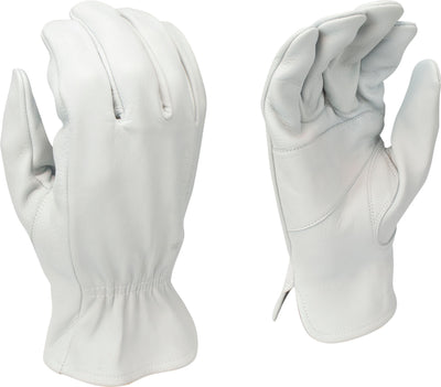 White Bellingham men's premium goatskin driver gloves, back view, close-up detail