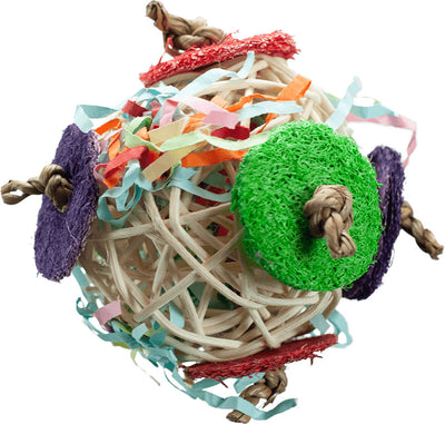 Close-up of a Nibbles Vine Ball Chew toy with green, purple, and red fabric accents and colorful crinkle paper.