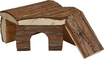 Nibbles Small Animal Log Cabin Hut W/ Ramp, a wooden log cabin with an arched entrance and ramp, front view, close-up