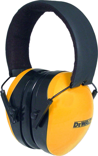 Close-up of DeWalt Interceptor Folding Earmuffs in yellow and black, front view.