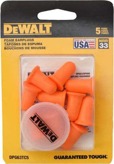 Packaged DeWalt foam earplugs, 5 pairs, orange, in clear plastic blister pack with brand logo.