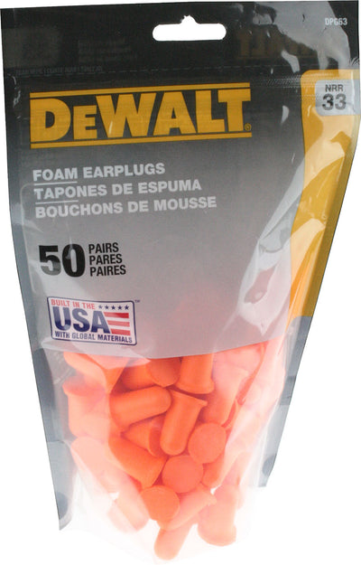 Packaged DeWalt foam earplugs, 50 pairs, orange, front view