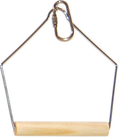 Close-up of Happy Beaks Economy Bird Swing, 3X4 IN, showing metal frame with wooden perch and carabiner hook