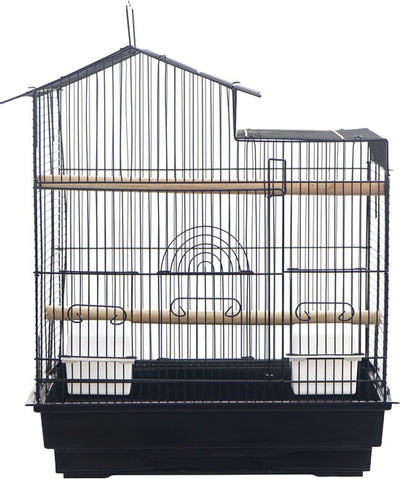Front view of A&E House Top Bird Cage, black metal with wooden perches and white trays, 18X14 IN size.