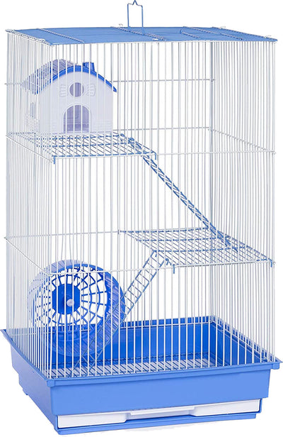 A&E 3-story hamster cage with blue and white house, blue wheel, and blue base tray.