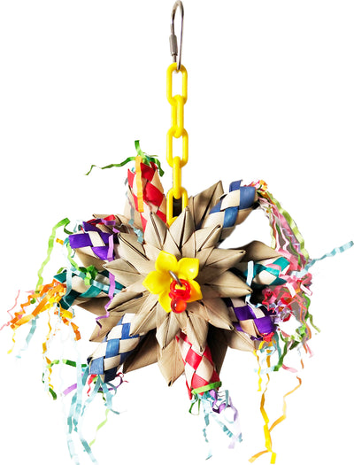 Happy Beaks Pinwheel Bird Toy with yellow chain, colorful streamers, and central flower detail, front view close-up