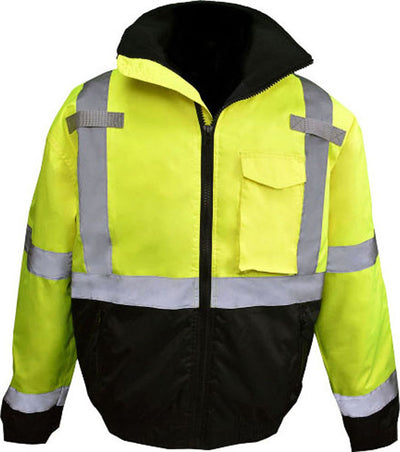 Front view of a Cl3 Quilted Bomber Jacket in green and black with reflective stripes.