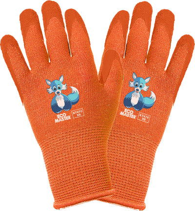 A pair of orange kids' gloves with blue cartoon fox logo and "ECO MASTER KT470 XS" text on the back, close-up view.