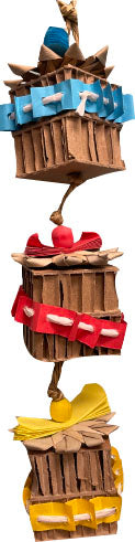 Three stacked cardboard bird toys with blue, red, and yellow fabric accents, each featuring a wooden base and attached elements.