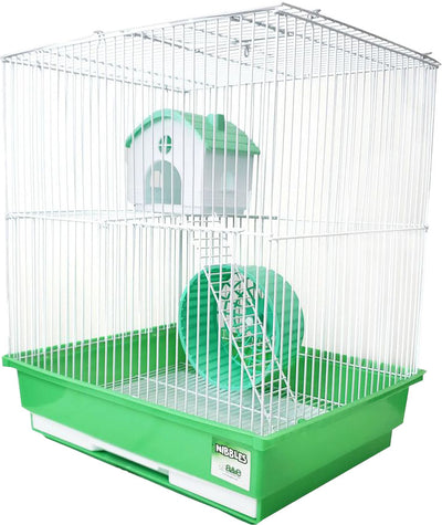 Green and white two-story hamster cage with house, wheel, and tray labeled NIBBLES