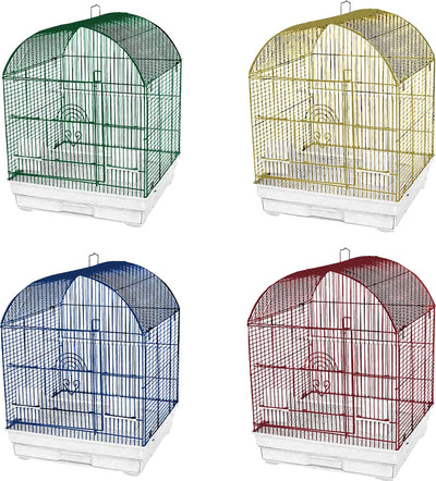 Four round-top bird cages in assorted colors (green, gold, blue, red) with white bases, front view.