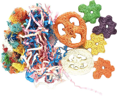 Close-up of colorful Nibbles Crinkle Loofah Delight Toy with crinkled ribbons and flower-shaped pieces.