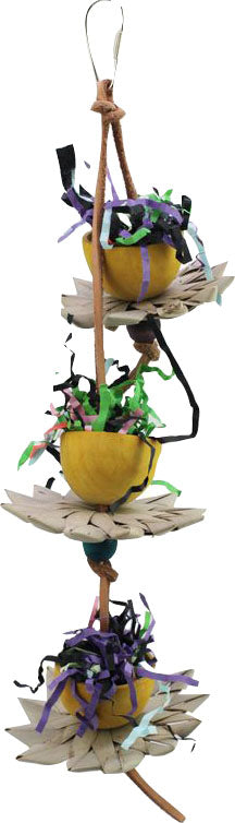 Happy Beaks Dazzling Daisies Hanging Bird Toy: three yellow pots with purple and green ribbons on a woven stick