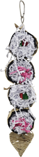 Happy Beaks Cali Roll Sushi Stack Hanging Bird Toy with white shredded paper, pink and green accents, and woven base