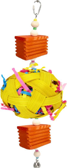 Happy Beaks Party Ball Hanging Bird Toy: yellow woven ball with pink and blue ribbons, orange blocks, and beads on a metal hook