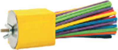 Close-up of a yellow plastic connector with a metal screw and multicolored striped wires extending from it.