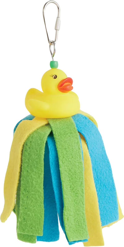Happy Beaks Fuzzy Duck Comforty Bird Toy: yellow rubber duck with green bead on head, attached to blue and green fabric streamers via carabiner hook