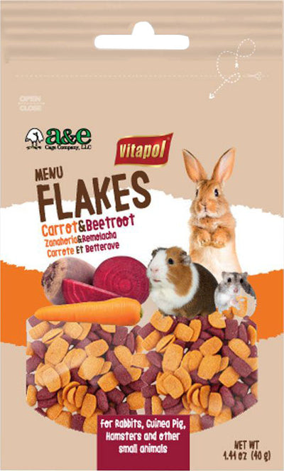 Packaged product: A&E Vitapol Menu Flakes Carrot & Beetroot, 1.44 oz, front view with animal illustrations and flakes.