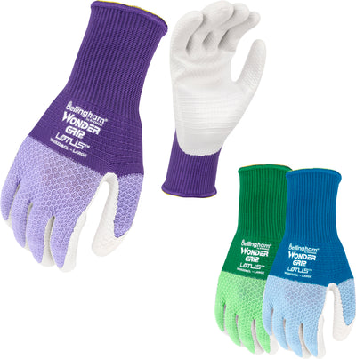 Three pairs of Bellingham Wondergrip Lotus gloves in purple, green, and blue with white fingertips, shown front and back.