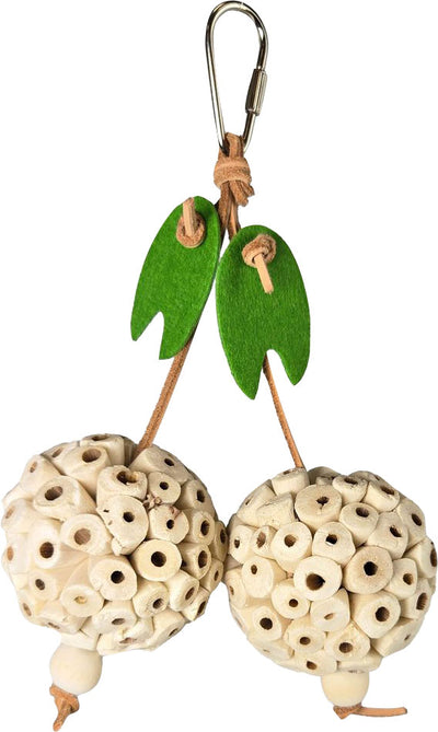 Happy Beaks Picky Pair Hanging Bird Chew: two natural seed pods with green felt leaves attached by leather cords to a metal hook.