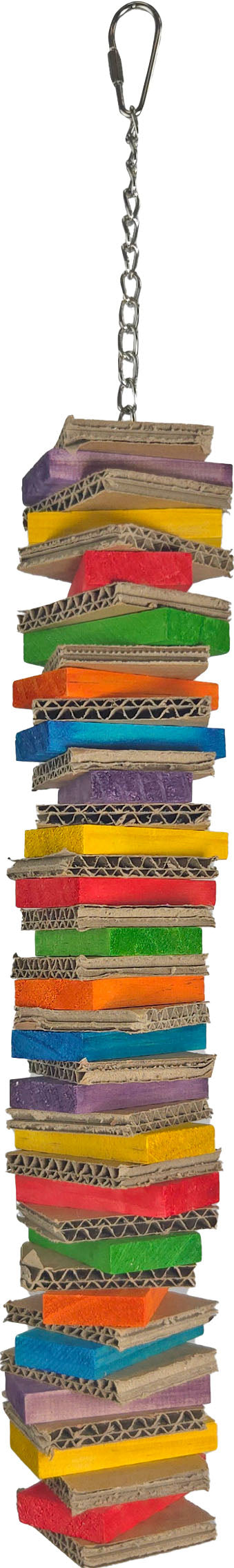Happy Beaks Board & Block Single Stack: a vertical stack of colorful cardboard blocks suspended by a metal chain
