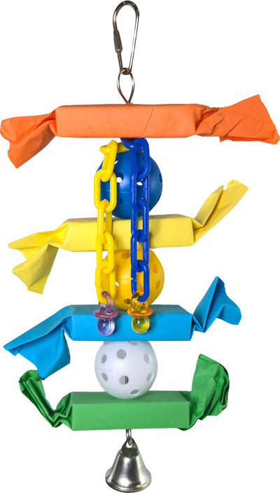 Happy Beaks Chewy Chomp bird toy with orange, yellow, blue, and green crinkled paper sections, blue and yellow chains, and a bell.