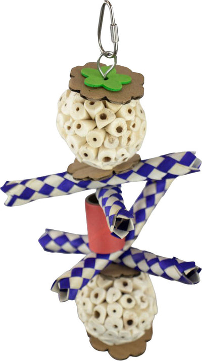 Happy Beaks Twirly Whirly Sola Bird Toy: blue-and-white checkered ribbon, two white pom-pom-like sections, green shamrock top, metal hook