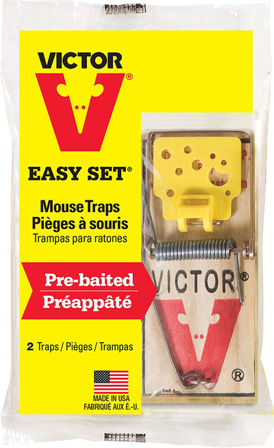 Packaged Victor Easy Set mouse traps, two pre-baited traps in a clear plastic package with yellow and red branding.