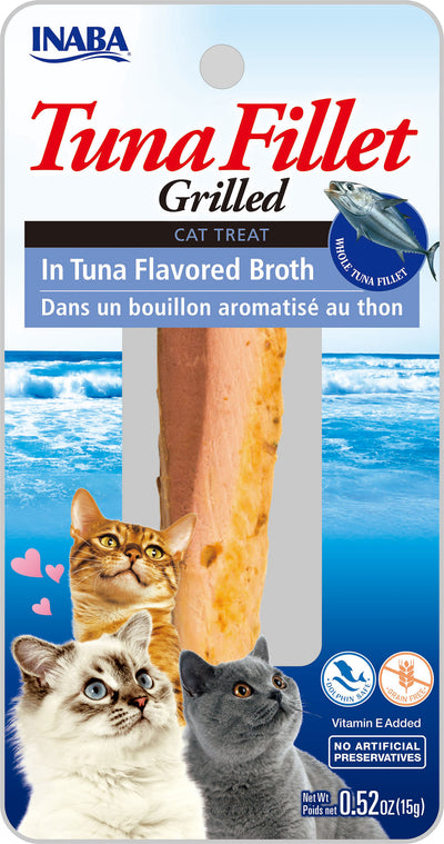 Front view of Inaba Tuna Fillet Grilled cat treat package with three cats and ocean background