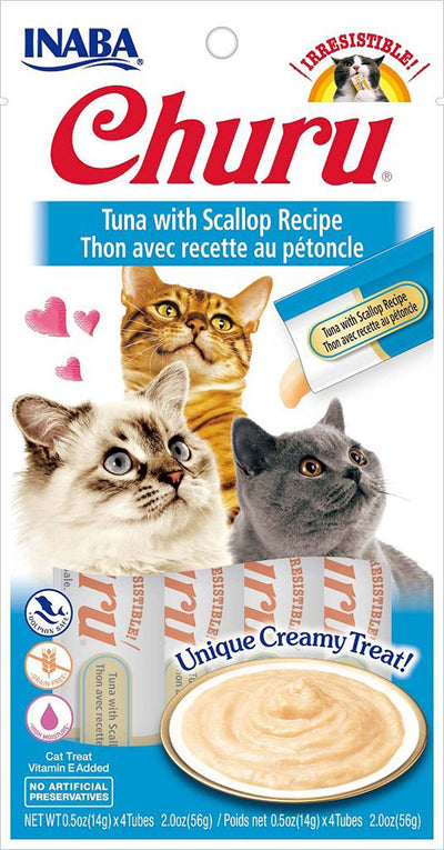 INABA Churu Cat Treats, Grain-Free, Lickable, Squeezable Creamy PurÃƒÆ’Ã†â€™Ãƒâ€šÃ‚Â©e Cat Treat/Topper with Vitamin E & Taurine, 0.5 Ounces Each Tube, 4 Tubes, Tuna with Scallop Recipe