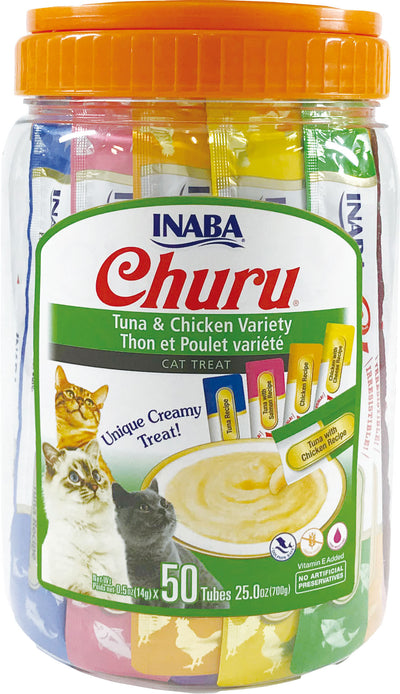 INABA Churu Cat Treats, Grain-Free, Lickable, Squeezable Creamy PurÃƒÆ’Ã†â€™Ãƒâ€šÃ‚Â©e Cat Treat/Topper with Vitamin E & Taurine, 0.5 Ounces Each Tube, 50 Tubes, Tuna & Chicken Variety