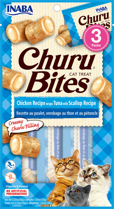 INABA Churu Bites for Cats, Soft Baked Chicken Churu Filled Cat Treats with Green Tea Extract, 0.35 Ounces Each Tube, 3 Tubes Total, Tuna with Scallop Recipe