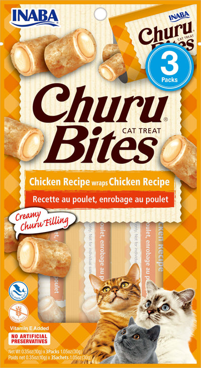 INABA Churu Bites for Cats, Soft Baked Chicken Churu Filled Cat Treats with Green Tea Extract, 0.35 Ounces Each Tube, 3 Tubes Total, Chicken Recipe
