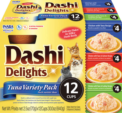 Front view of Inaba Dashi Delights Tuna Variety Pack with 12 cups of cat food in yellow packaging.