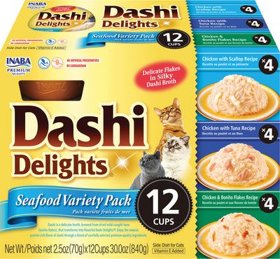 Packaged product: Inaba Dashi Delights Seafood Variety Pack with 12 cups of cat food in yellow packaging.