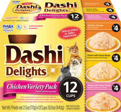 INABA Dashi Delights for Cats, Shredded Chicken with Bonito Flake Broth, 2.5 Ounce Cup, 12 Cups Total, Chicken Variety