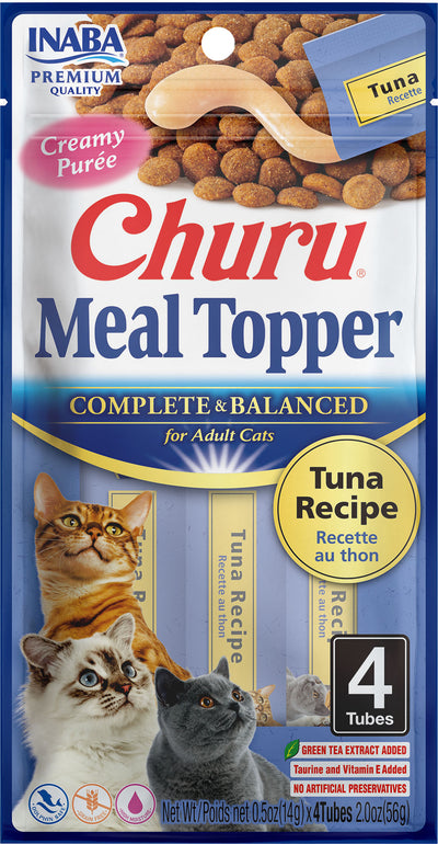 Front view of Inaba Churu Meal Topper Tuna Recipe packaged product with four tubes.