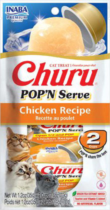 Packaged Inaba Churu Pop'N Serve cat treat, chicken flavor, two cups in a pack, front view